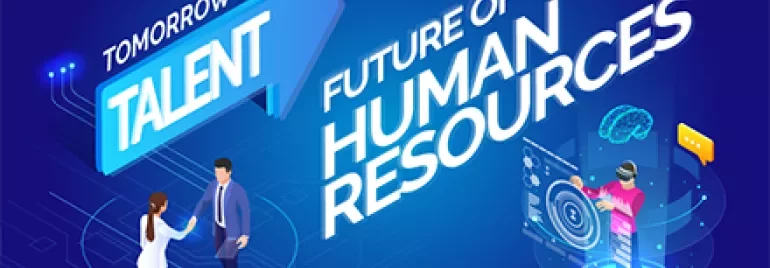 Illustration showing 'Tomorrow's Talent - Future of Human Resources' with people and tech symbols.
