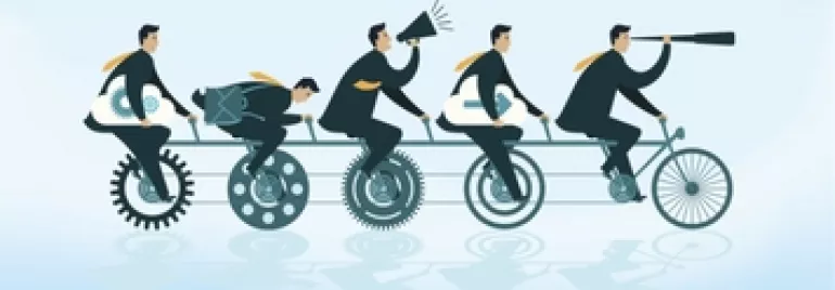 Illustration of five men on a multi-person bicycle, each performing different tasks.
