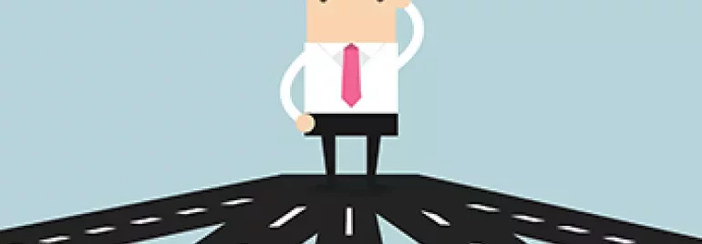 Cartoon man standing at a crossroads, looking confused.
