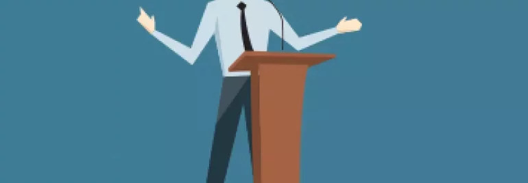Illustration of a person at a podium speaking with hands raised.