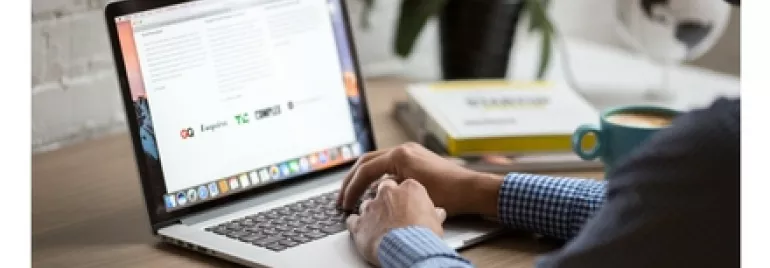 Person working on a laptop at a desk with plants and books.