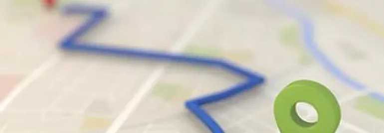 Map with two location pins and a blue route line.
