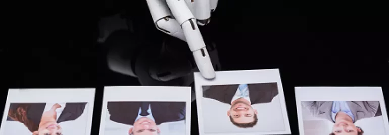 Robotic hand pointing at one of four portraits on a black background.