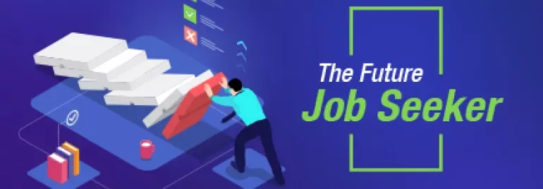 Illustration of a person climbing stairs towards blocks with icons and 'The Future Job Seeker' text on blue background.