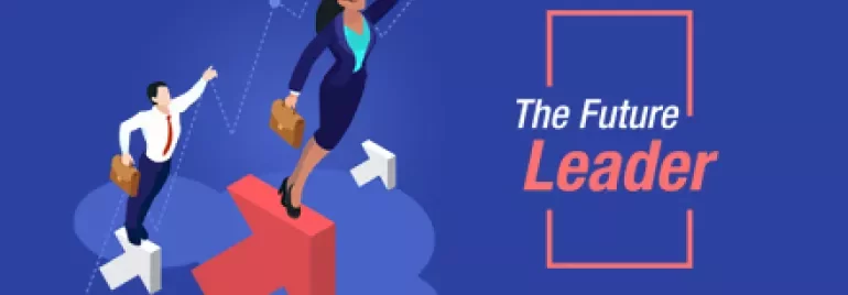 Illustration of businesspeople climbing arrows with text 'The Future Leader'.