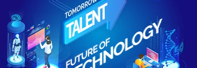 Futuristic scene with AI, digital interfaces, and technology text.