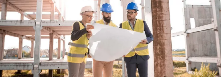 Three construction workers in safety vests and helmets review blueprints at a building site.