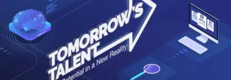 Digital illustration with a brain, a magnifying glass, and a computer, titled 'Tomorrow's Talent'.