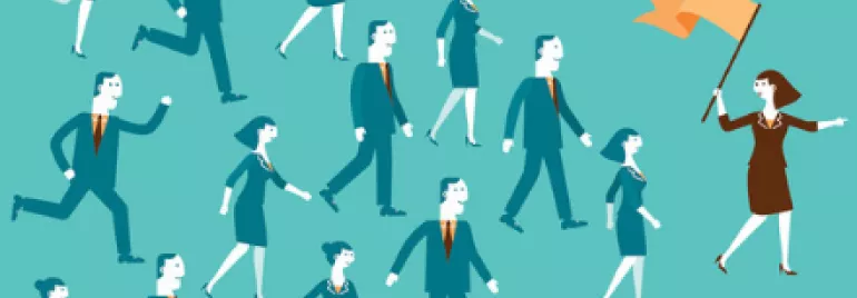 Illustration of a woman leading a group of people with a flag.