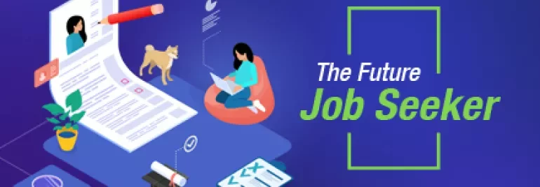 Illustration of a woman with a laptop next to a giant resume and a dog, titled 'The Future Job Seeker'.