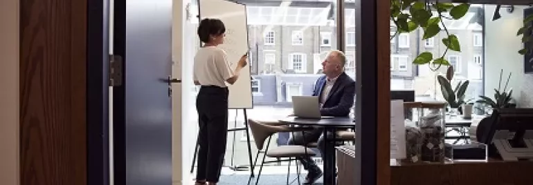 A woman stands at a whiteboard presenting to a seated man in an office with large windows.