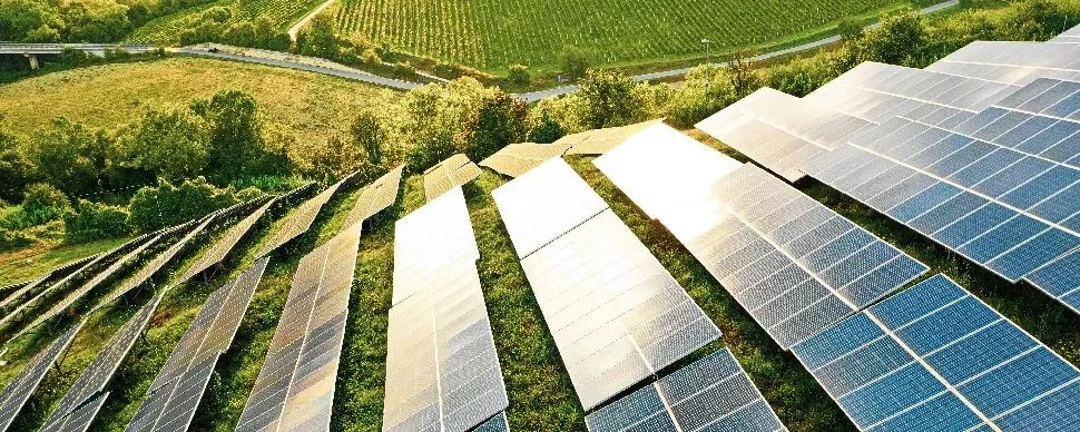 Aerial view of solar panels in a green field.