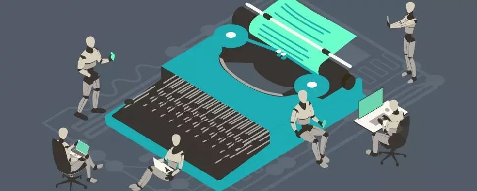 Robots interacting with a large typewriter, representing AI and technology.