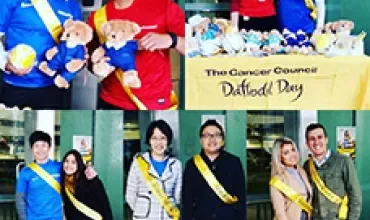 Group of people at a Cancer Council Daffodil Day event with teddy bears and merchandise.