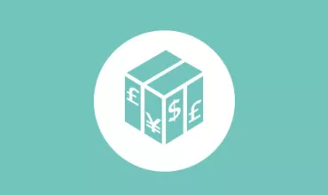 Box with currency symbols in a circle on teal background.