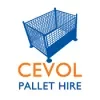 Logo of Cevol Pallet Hire with an illustration of a blue wire container.