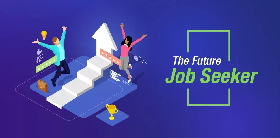 Illustration of two people celebrating next to a staircase with the text 'The Future Job Seeker'.