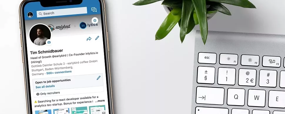 Smartphone showing a LinkedIn profile next to a keyboard and plant.