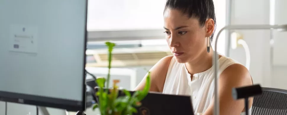 Woman concentrating on work at her desk with a computer and plant.