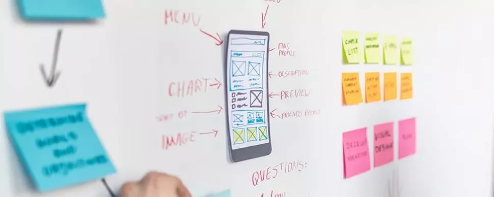 Whiteboard with UI/UX design sketches and color-coded sticky notes.