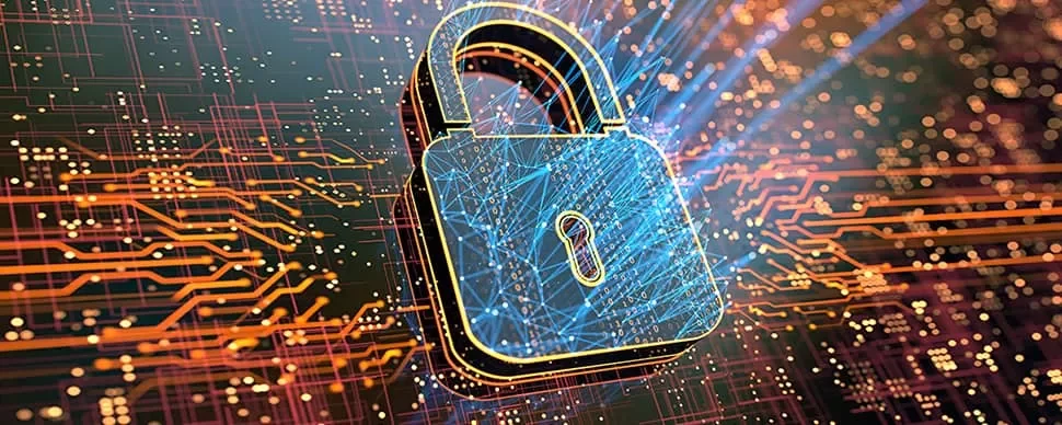 Digital padlock on a circuit board background, symbolizing cybersecurity.