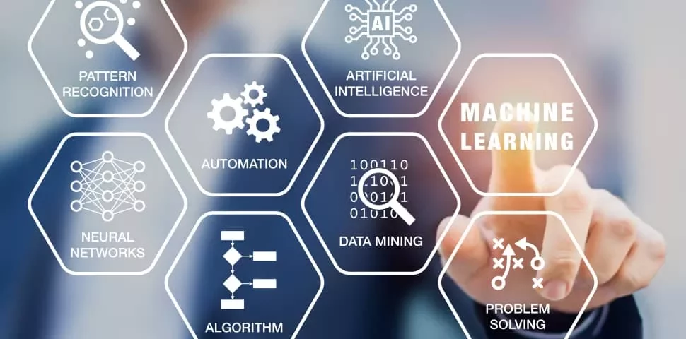 Hexagons showing terms: Pattern Recognition, AI, Automation, Machine Learning, Neural Networks, Data Mining, Problem Solving.
