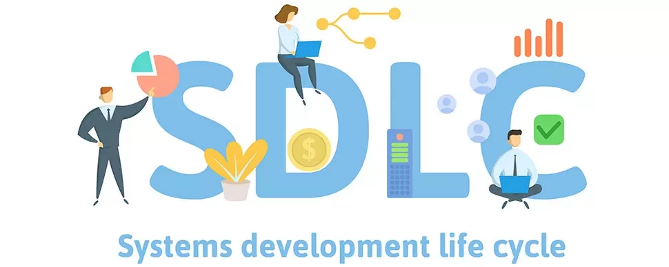 Illustration of SDLC with icons like graphs and people working on laptops.