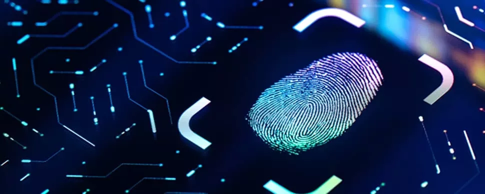 Fingerprint scan on a glowing digital interface.