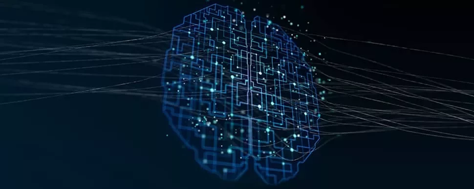 Digital brain illustration with glowing neural pathways.