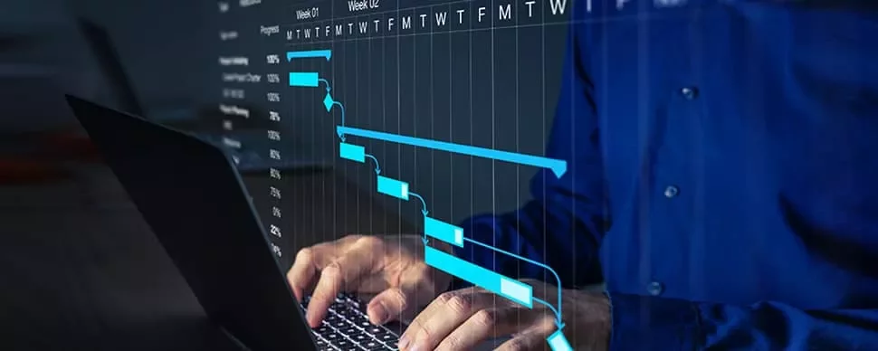 Person using a laptop with a project management chart overlay on the screen.