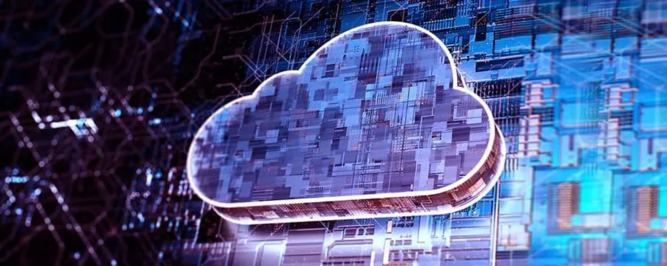 Digital illustration of a cloud over a circuit board background symbolizing cloud computing.