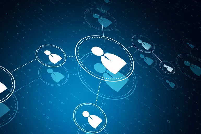 Digital connections with networked user icons on a blue background.