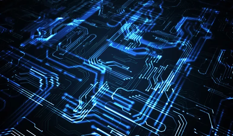 Blue glowing circuit lines on a dark background.