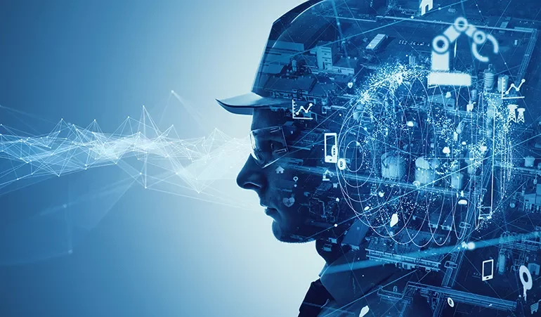 Silhouette of a worker in a hard hat with digital industrial graphics overlay.