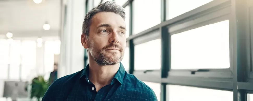 mid-40s Caucasian male in contemplative mood