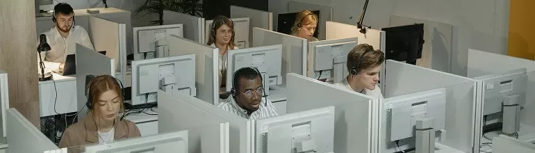 People working at individual cubicles with computers.