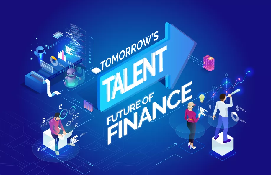 Illustration with technology and finance elements, titled 'Tomorrow's Talent: Future of Finance'.