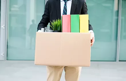 Person holding a cardboard box with colorful binders and a potted plant.