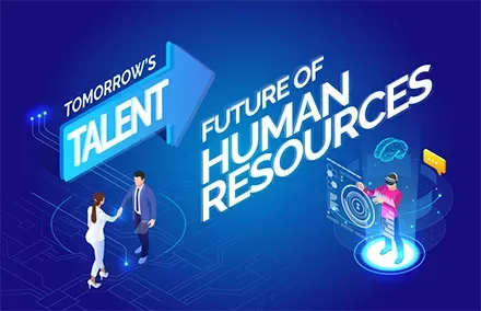 Illustration showing 'Tomorrow's Talent - Future of Human Resources' with people and tech symbols.