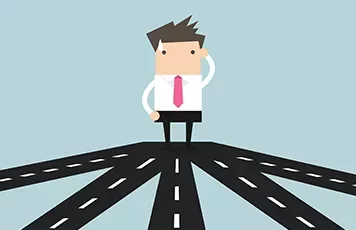 Cartoon man standing at a crossroads, looking confused.