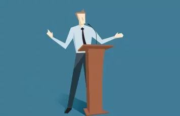 Illustration of a person at a podium speaking with hands raised.