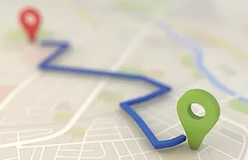 Map with two location pins and a blue route line.