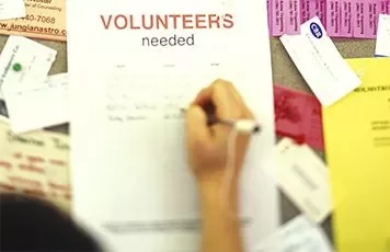 A bulletin board with a 'Volunteers needed' poster and contact cards.