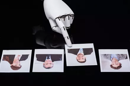 Robotic hand pointing at one of four portraits on a black background.