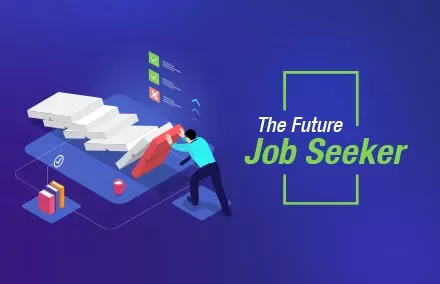 Illustration of a person climbing stairs towards blocks with icons and 'The Future Job Seeker' text on blue background.