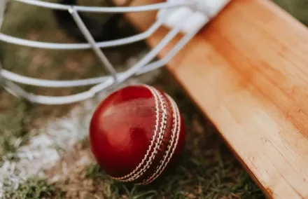 Close-up of a red cricket ball, a wooden bat, and a helmet on grass.