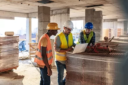 Three construction workers in safety gear reviewing plans on a laptop.