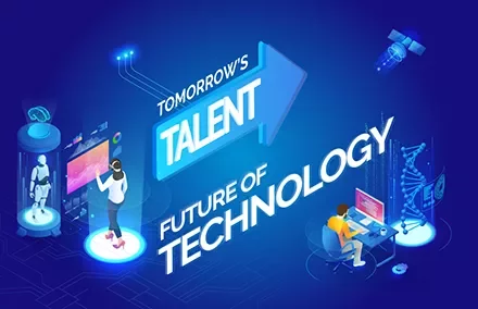Futuristic scene with AI, digital interfaces, and technology text.