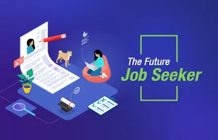 Illustration of a woman with a laptop next to a giant resume and a dog, titled 'The Future Job Seeker'.