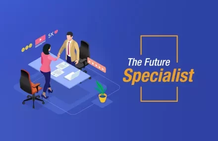 Two professionals shaking hands at a desk, 'The Future Specialist' text on the side.